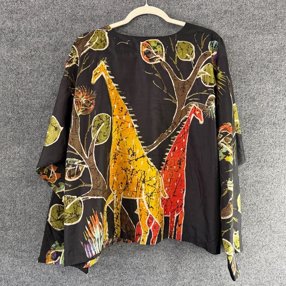 Chicos Womens 100% Silk Single Snap Open Front Jacket Size XL Safari Artsy - Picture 2 of 8